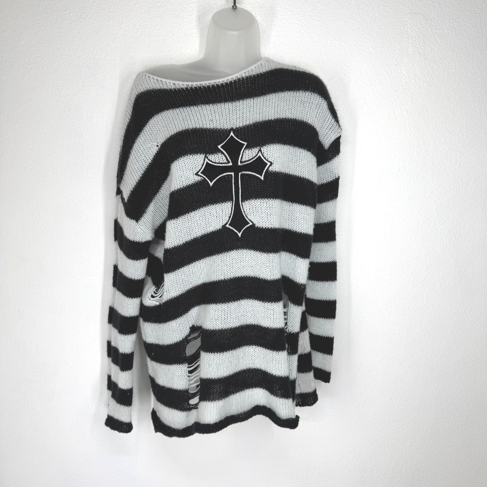 Womens Striped Distressed Gothic Cross Knit Sweater Size XS Oversized Grunge Emo